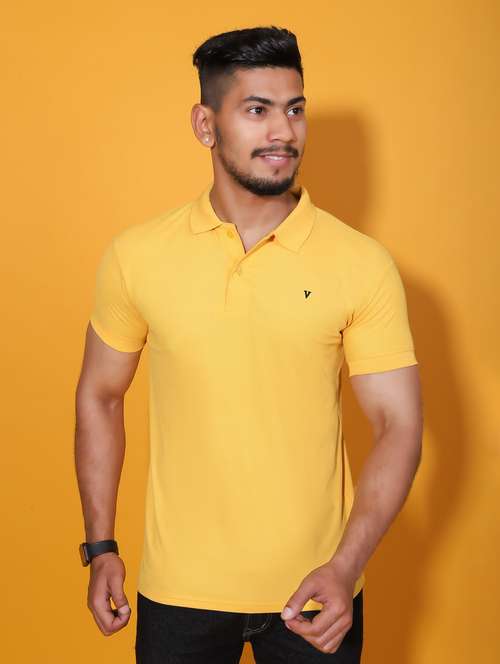 men solid mustard cotton blend polo t-shirt - 20409259 -  Standard Image - 0