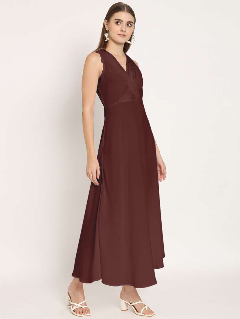 brown solid a-line sleeveless dress - 20409387 -  Standard Image - 3