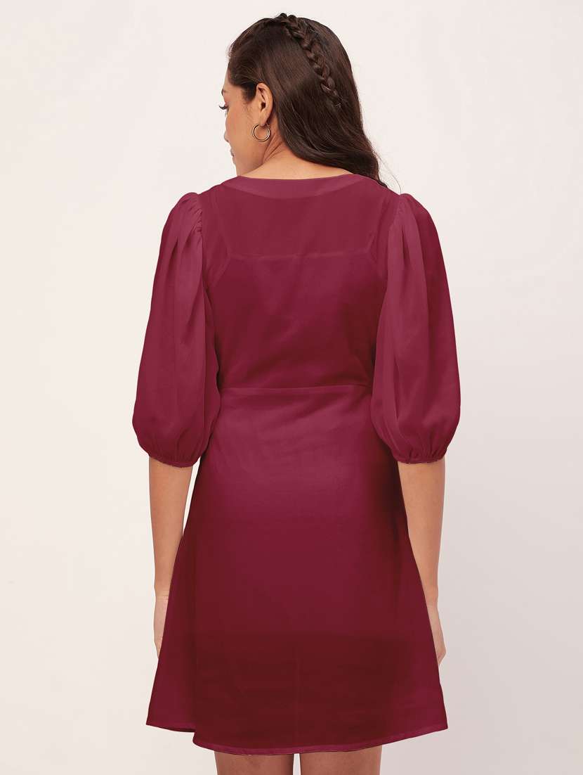 maroon solid puff sleeves a-line dress - 20409392 -  Standard Image - 3