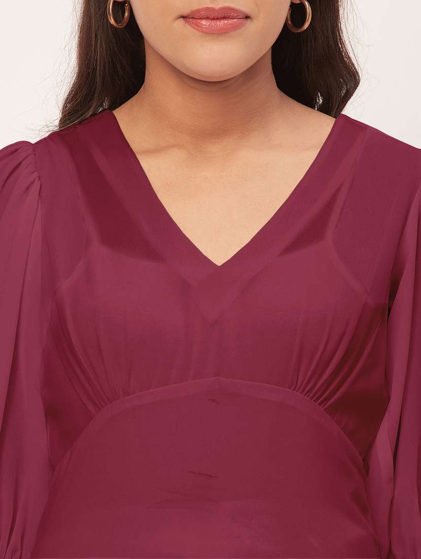 maroon solid puff sleeves a-line dress - 20409392 -  Standard Image - 5