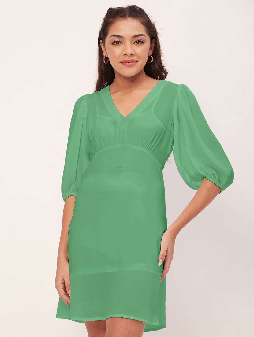 green solid puff sleeves a-line dress