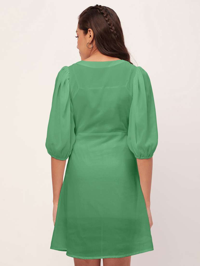 green solid puff sleeves a-line dress - 20409396 -  Standard Image - 3