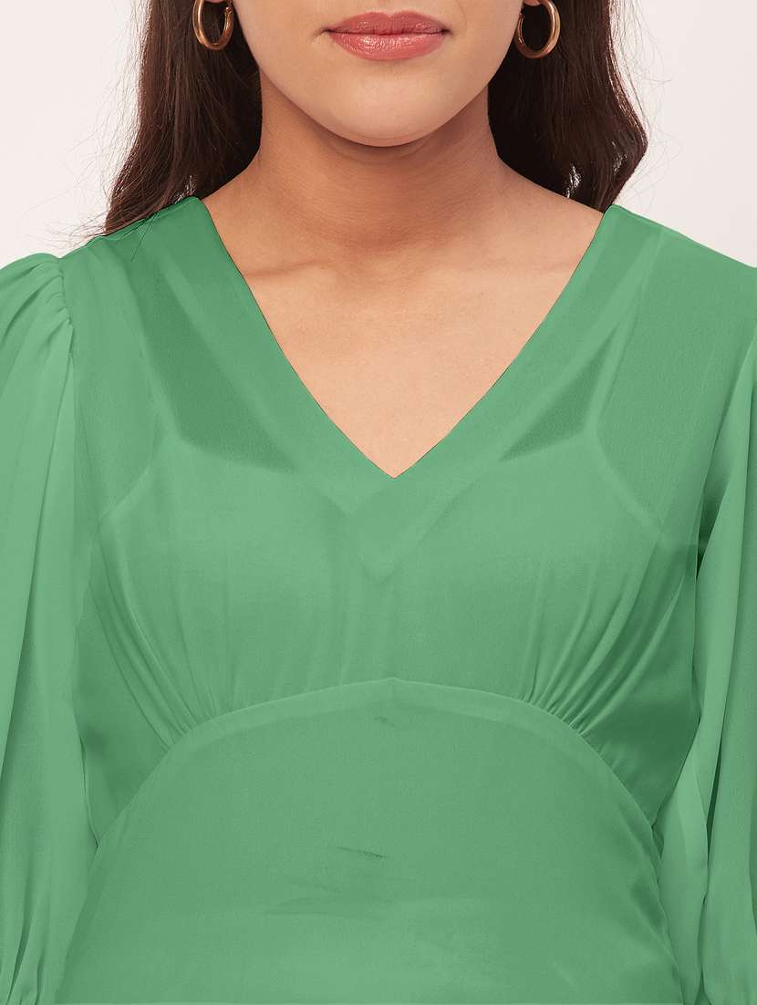 green solid puff sleeves a-line dress - 20409396 -  Standard Image - 5