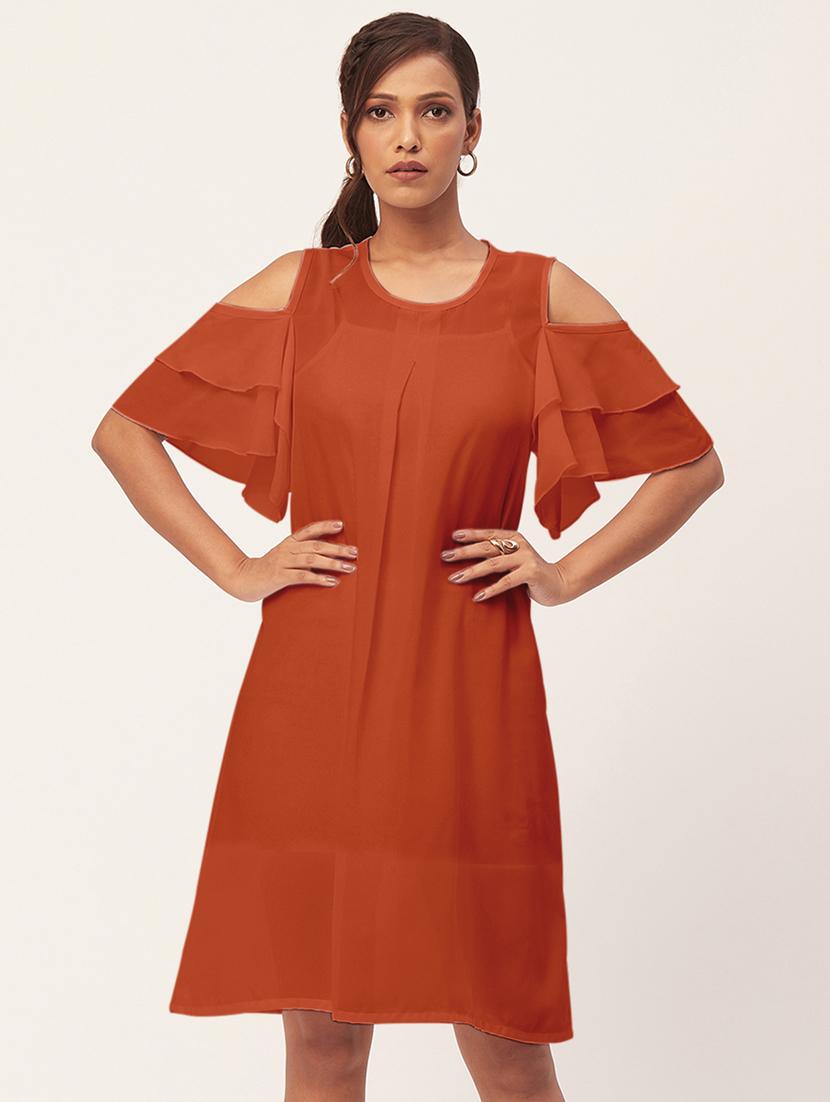 orange solid bell sleeves a-line dress - 20409397 -  Zoom Image - 0
