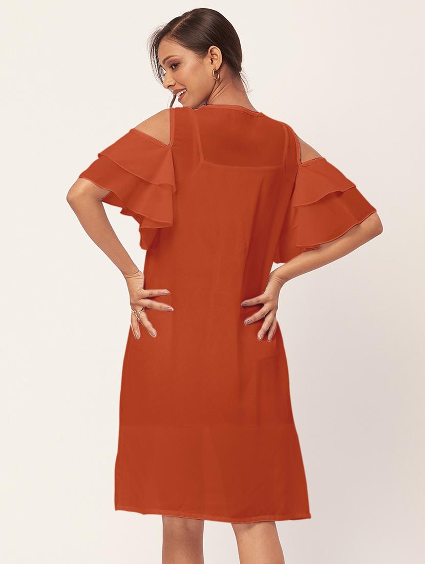 orange solid bell sleeves a-line dress - 20409397 - Standard Image - 3