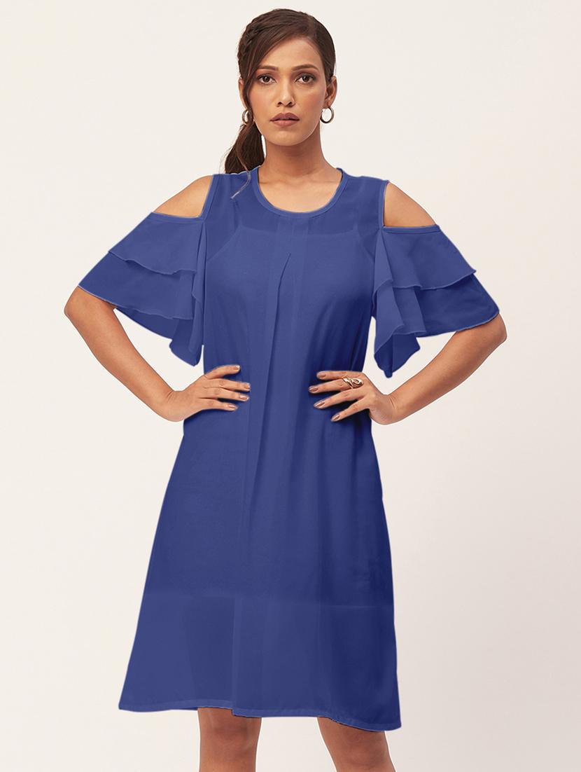 blue solid bell sleeves a-line dress - 20409400 - Zoom Image - 0