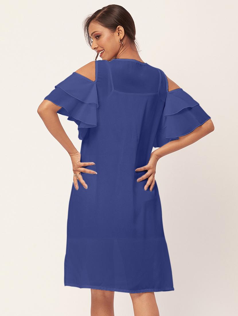 blue solid bell sleeves a-line dress - 20409400 - Standard Image - 3
