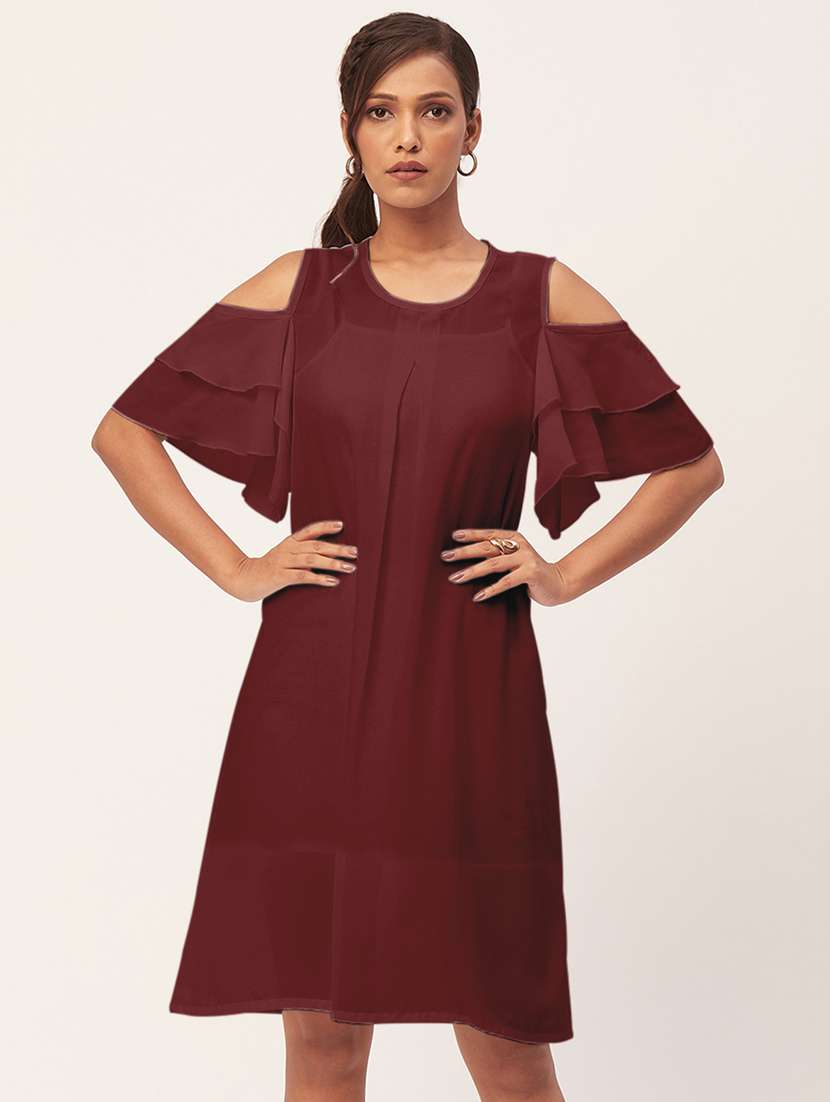 maroon solid bell sleeves a-line dress