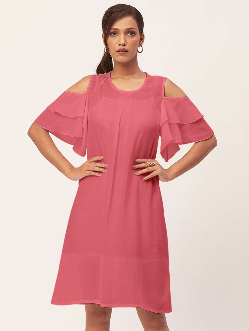 pink solid bell sleeves a-line dress