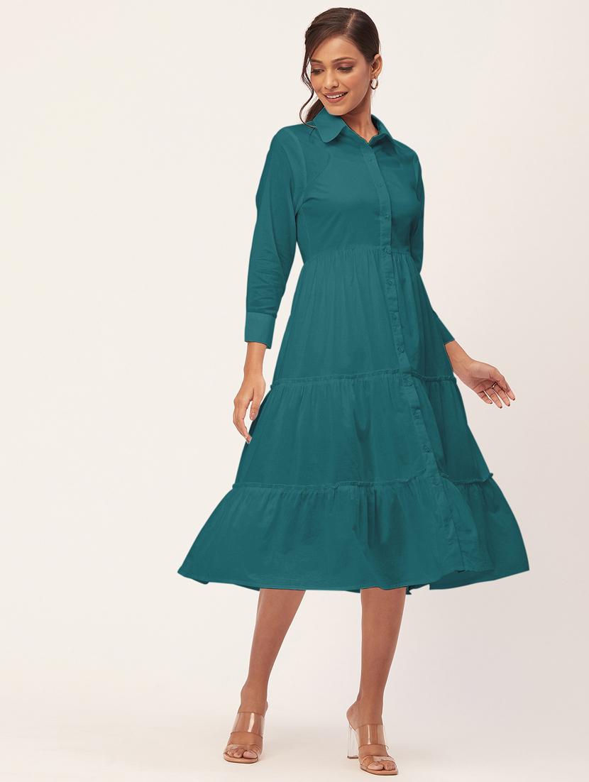 teal solid shirt collar tiered dress dress - 20409413 -  Zoom Image - 0