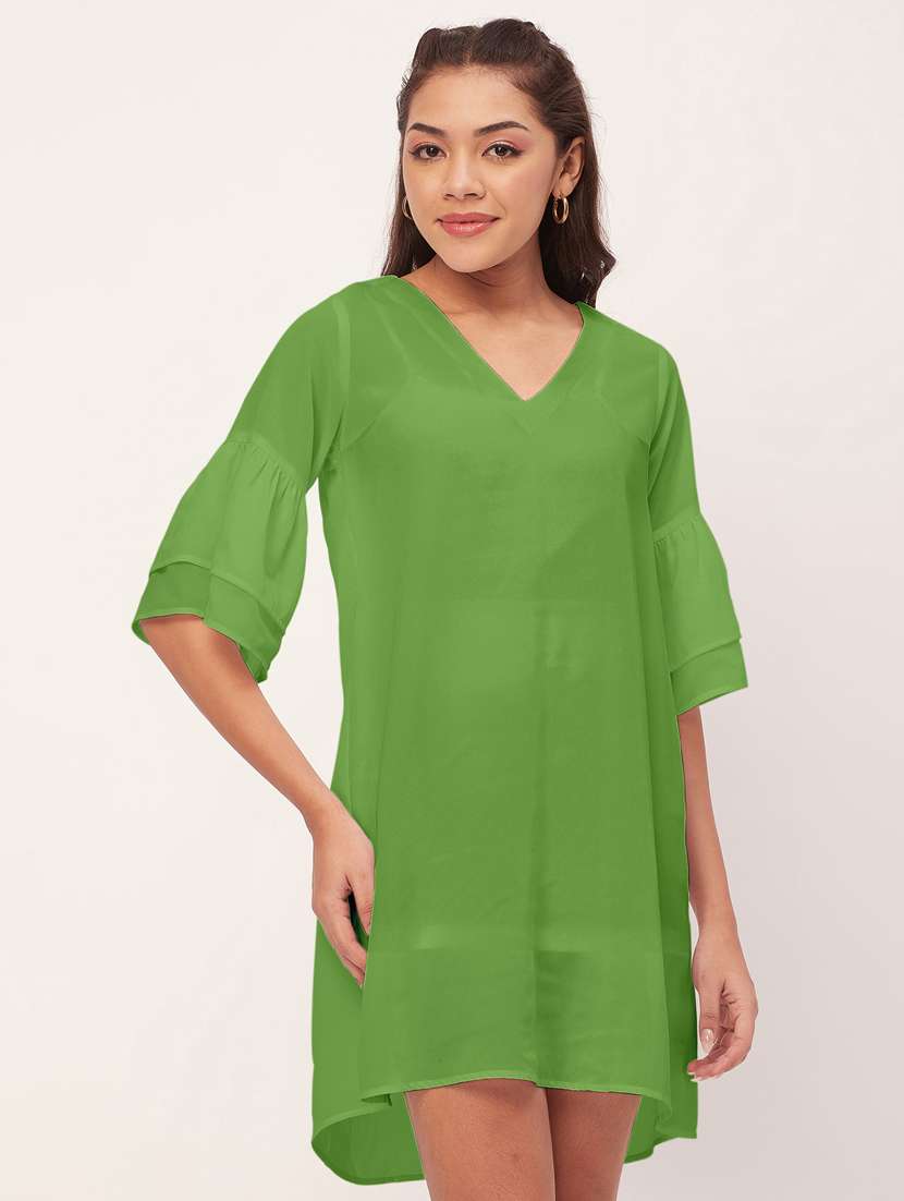 green solid bell sleeves a-line dress