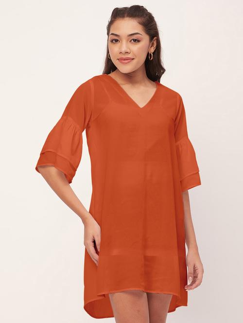 orange solid bell sleeves a-line dress - 20409419 - Standard Image - 0