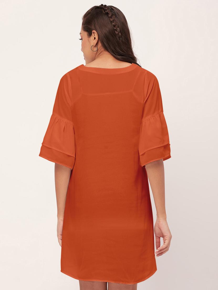 orange solid bell sleeves a-line dress - 20409419 - Standard Image - 3