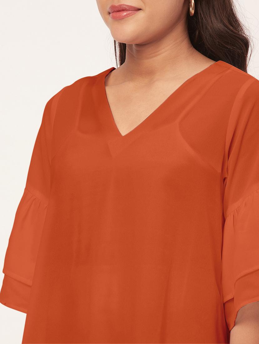 orange solid bell sleeves a-line dress - 20409419 - Standard Image - 5