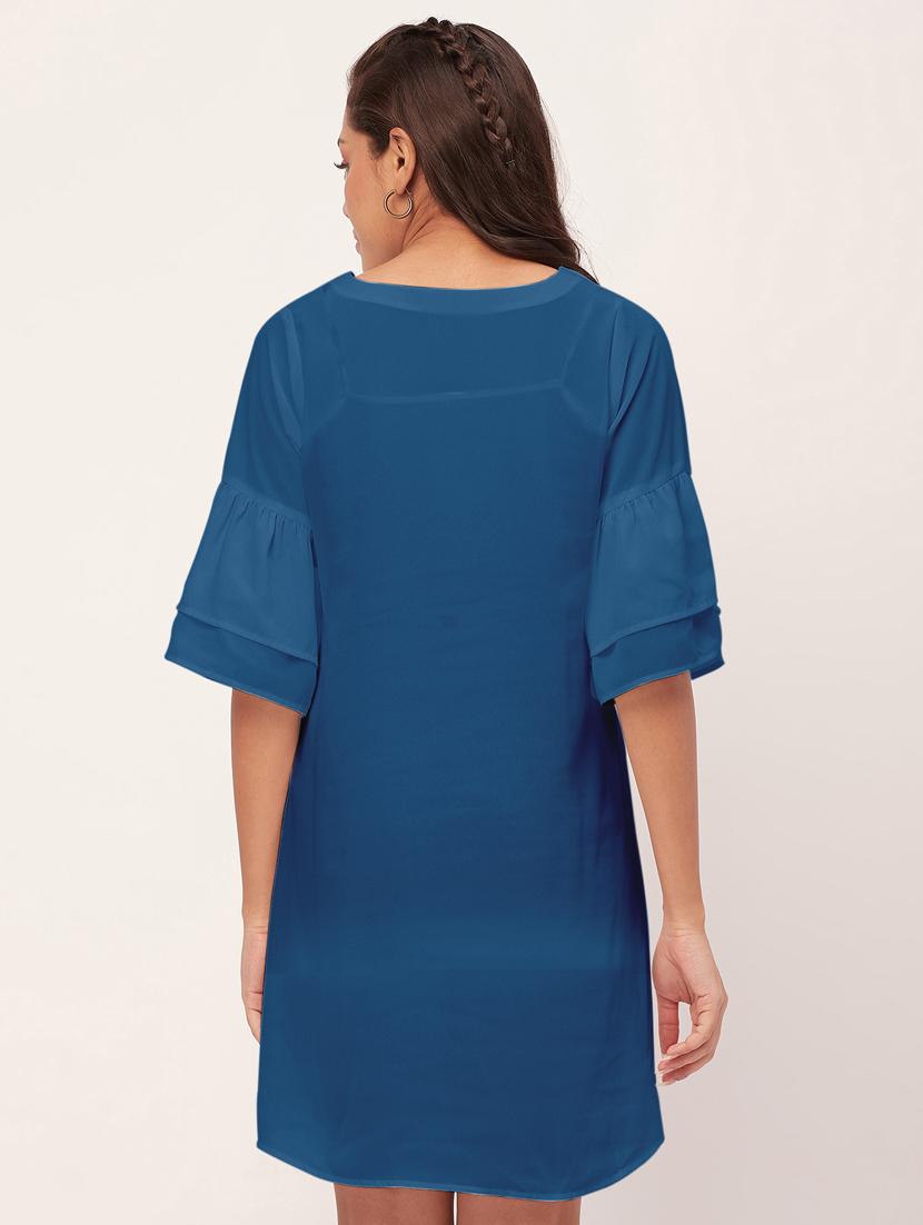 blue solid bell sleeves a-line dress - 20409423 - Standard Image - 3