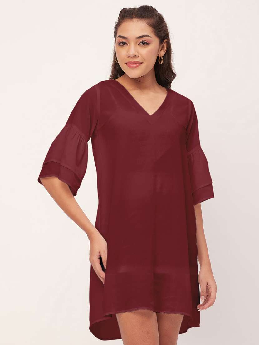 maroon solid bell sleeves a-line dress