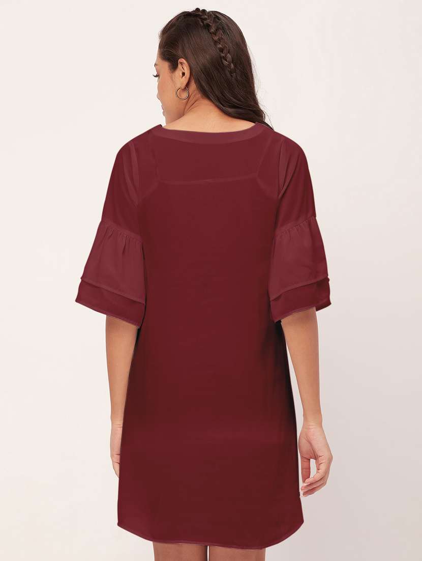 maroon solid bell sleeves a-line dress - 20409424 -  Standard Image - 3