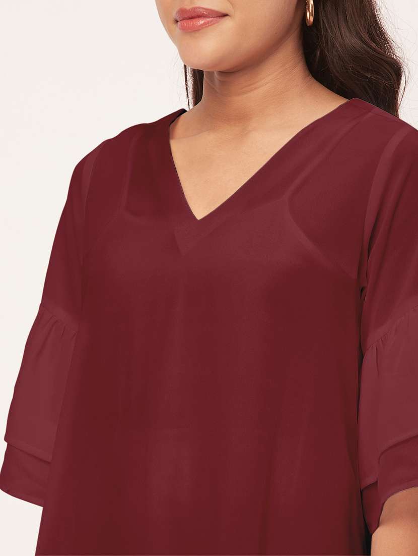 maroon solid bell sleeves a-line dress - 20409424 -  Standard Image - 5