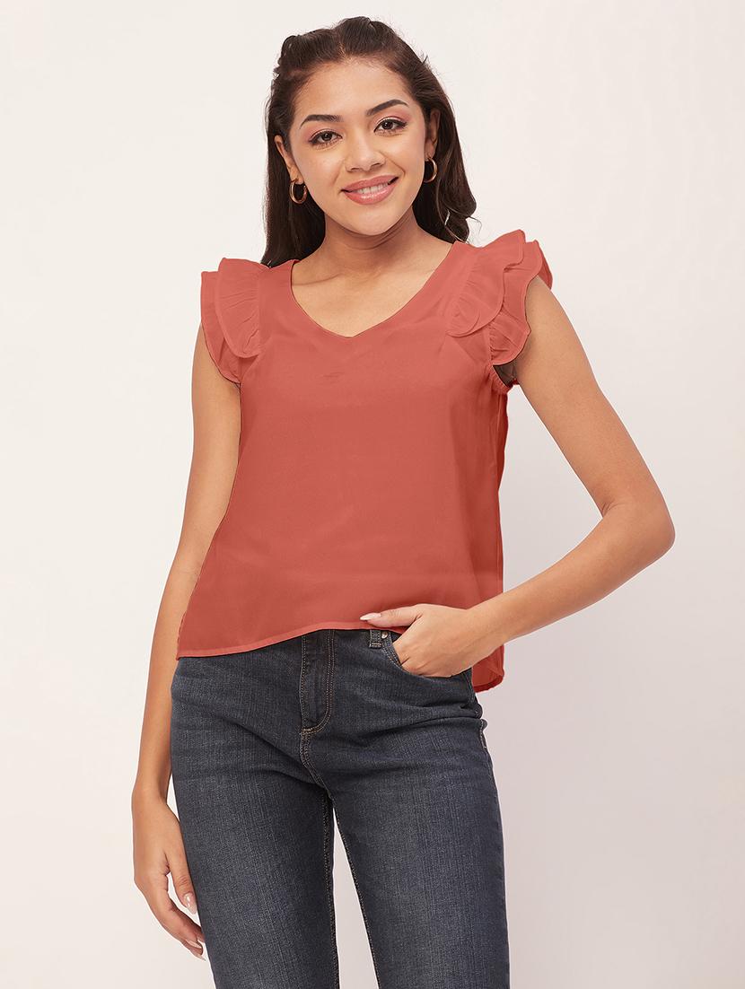 women peach v neck straight top