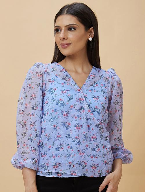 blue floral printed wrap top - 20410263 - Standard Image - 0