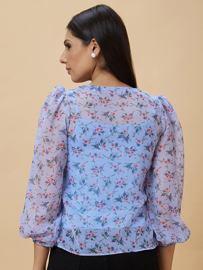 blue floral printed wrap top - 20410263 - Standard Image - 3