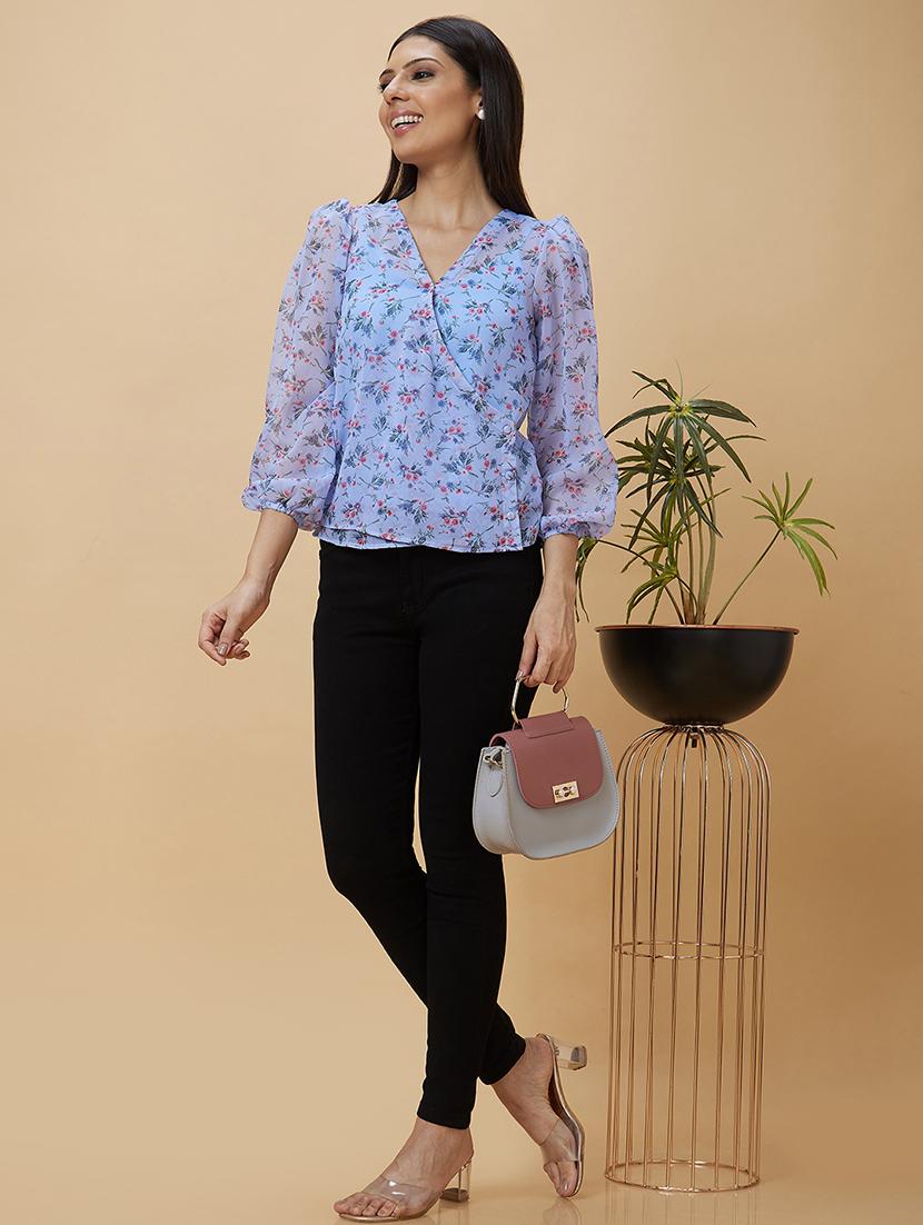 blue floral printed wrap top - 20410263 - Standard Image - 5