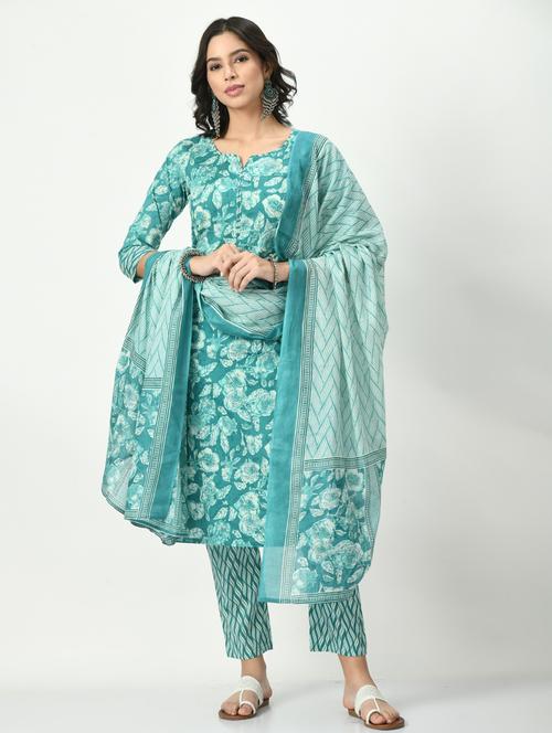 women turquoise notch neck kurta pant set with dupatta - 20410461 - Standard Image - 0