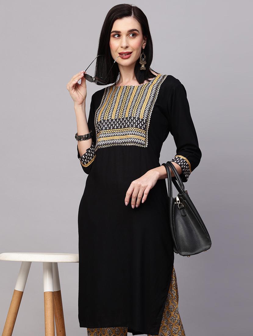 women black boat neck kurta pant set - 20410970 - Standard Image - 3