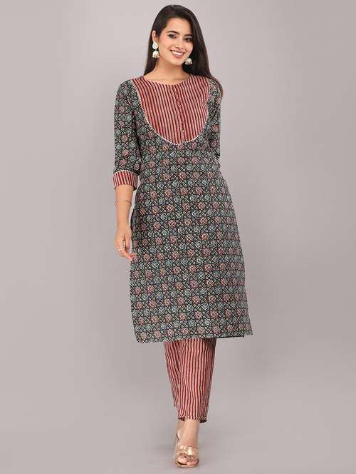 contrast yoke printed kurta pant set - 20411682 - Standard Image - 0