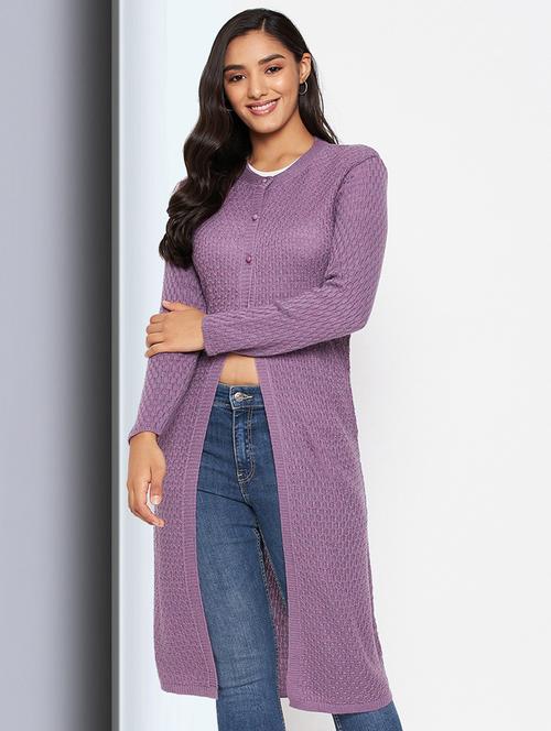 lavender self designed long sleeves long cardigan - 20412106 - Standard Image - 0
