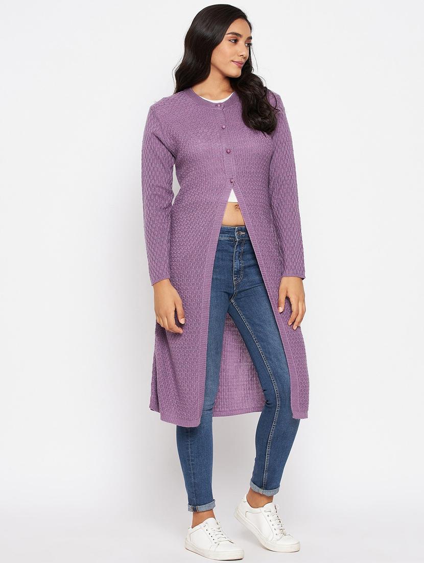 lavender self designed long sleeves long cardigan - 20412106 - Standard Image - 3