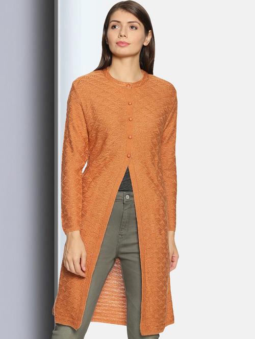 orange self designed long sleeves cardigan - 20412113 - Standard Image - 0