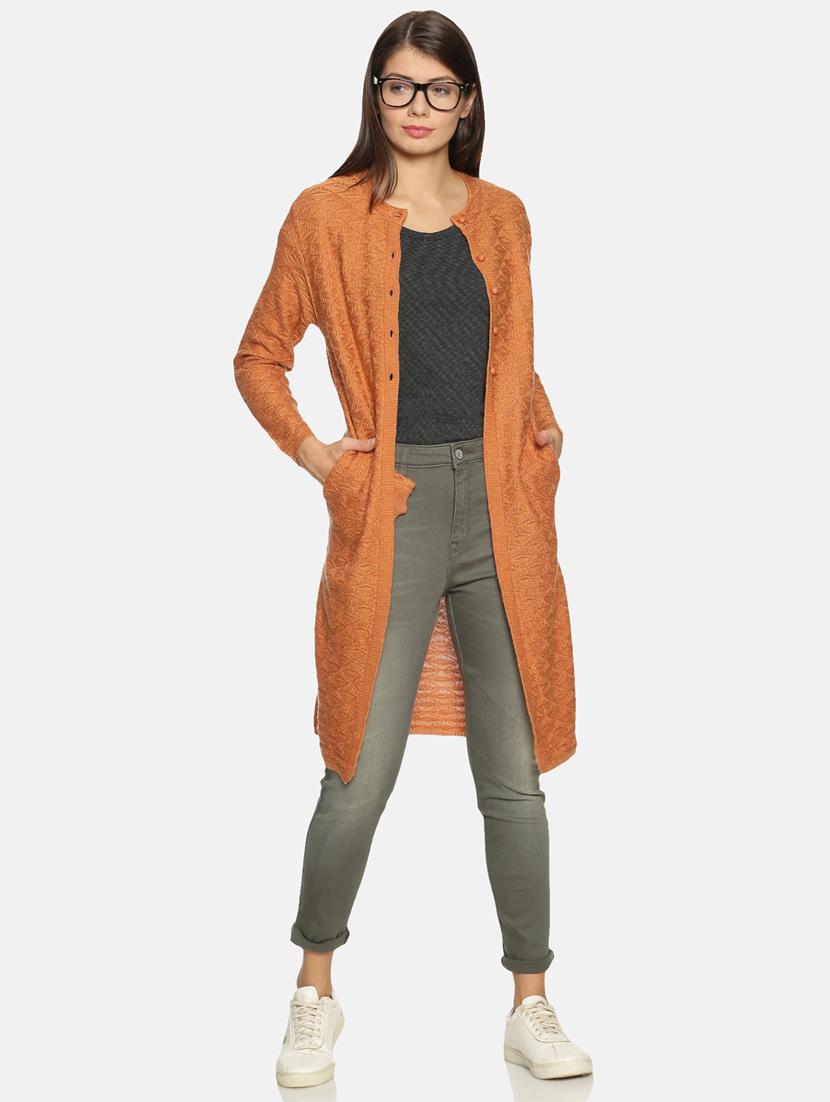 orange self designed long sleeves cardigan - 20412113 - Standard Image - 3