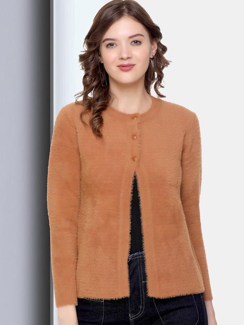 orange self designed long sleeves cardigan - 20412136 - Standard Image - 0
