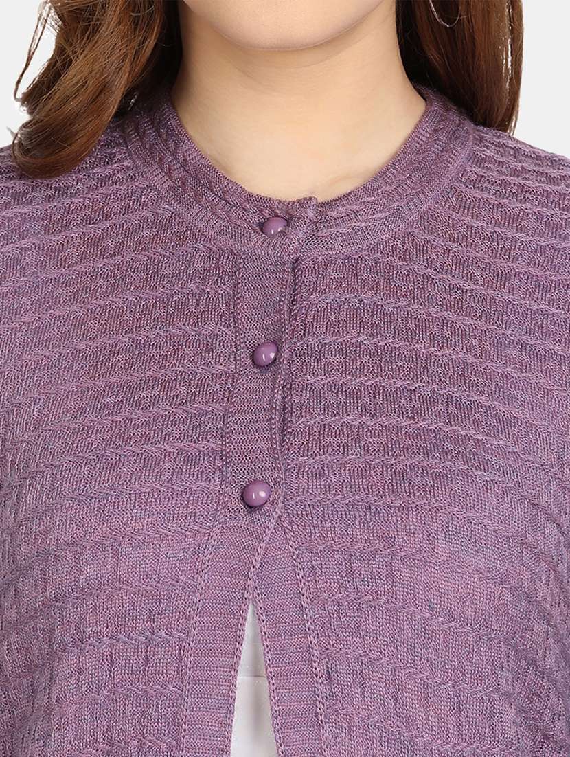 purple self designed long sleeves cardigan - 20412174 -  Standard Image - 3