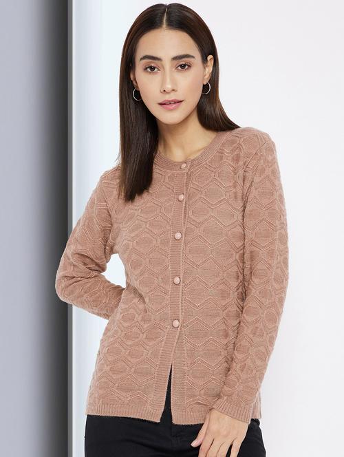 beige self designed long sleeves cardigan - 20412198 - Standard Image - 0