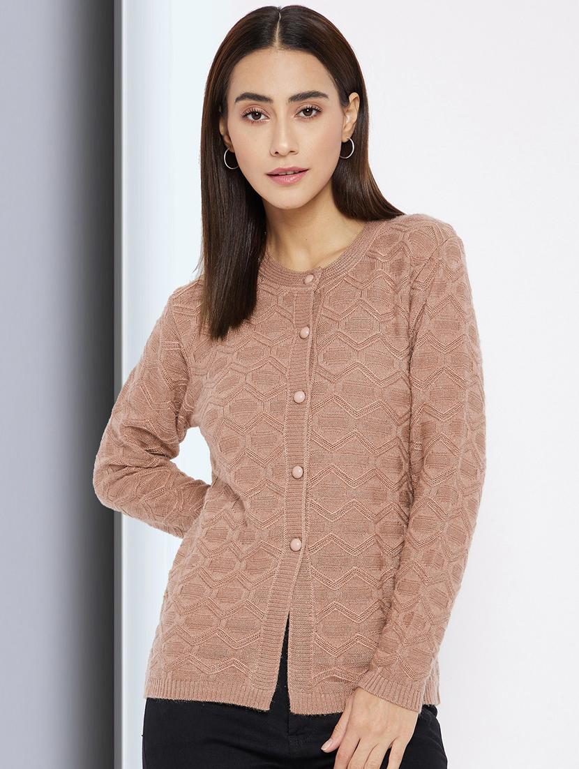 beige self designed long sleeves cardigan - 20412198 - Zoom Image - 0