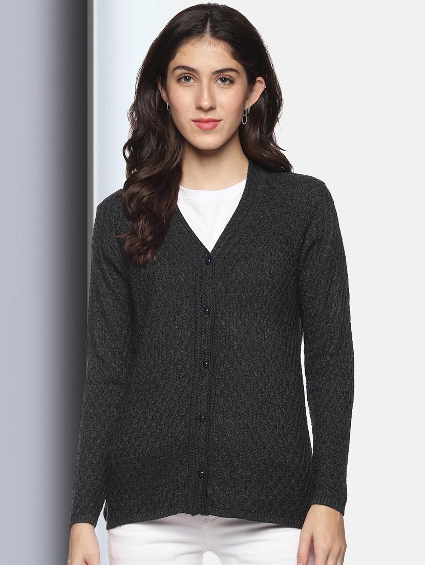 charcoal self designed long sleeves cardigan - 20412206 -  Zoom Image - 0