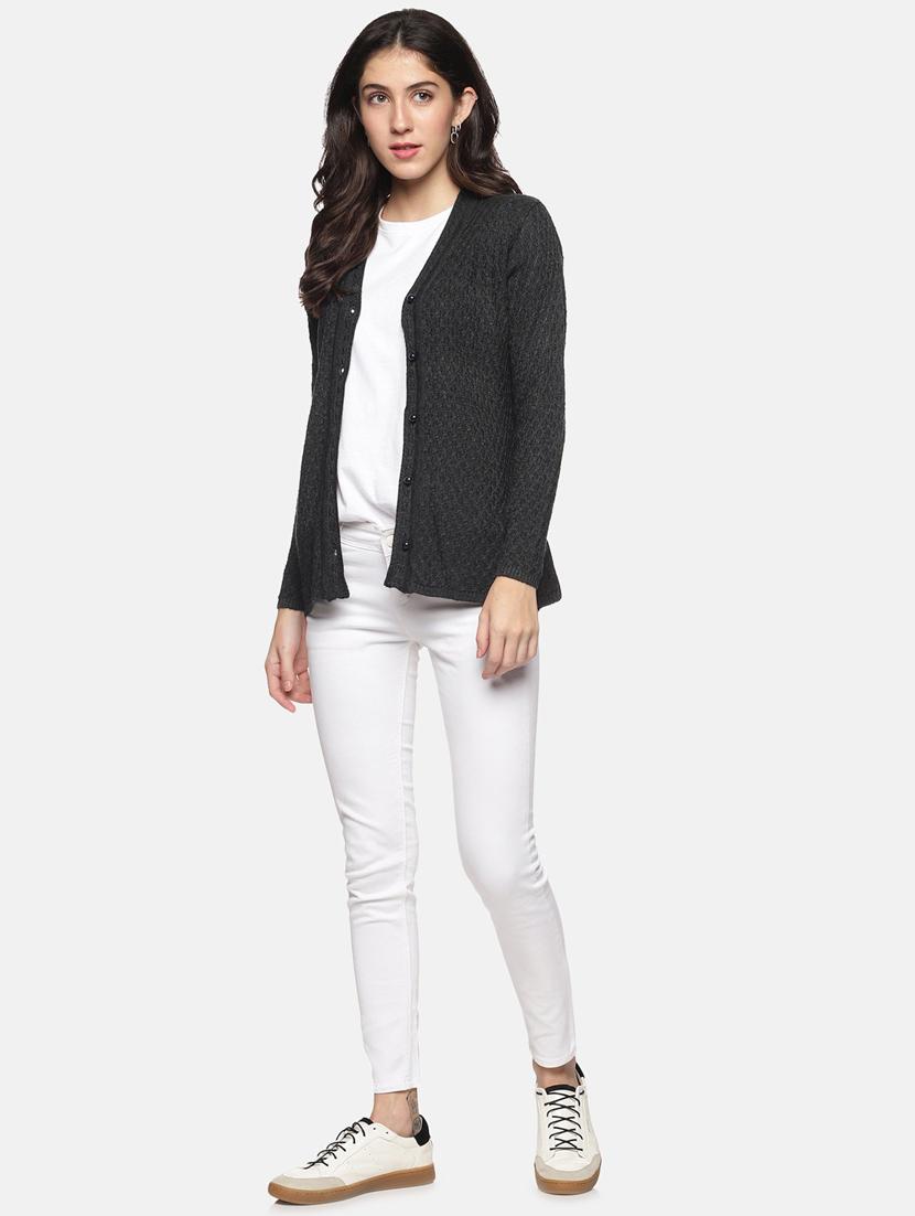 charcoal self designed long sleeves cardigan - 20412206 - Standard Image - 3
