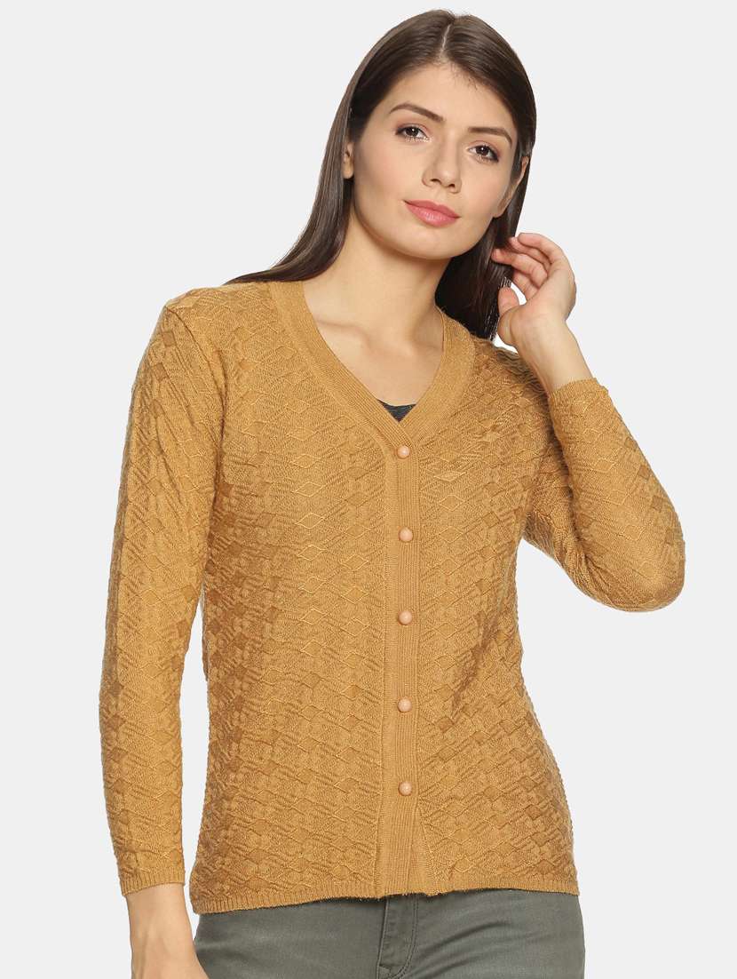 yellow self designed long sleeves cardigan - 20412214 - Zoom Image - 0