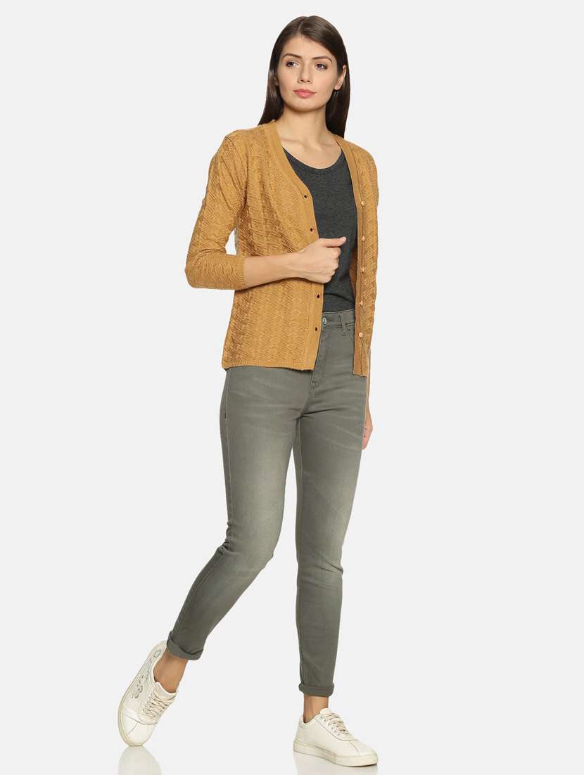 yellow self designed long sleeves cardigan - 20412214 - Standard Image - 3