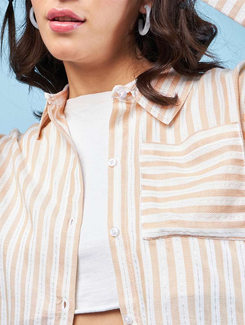beige striped long sleeves boxy fit shirt - 20412877 -  Standard Image - 5