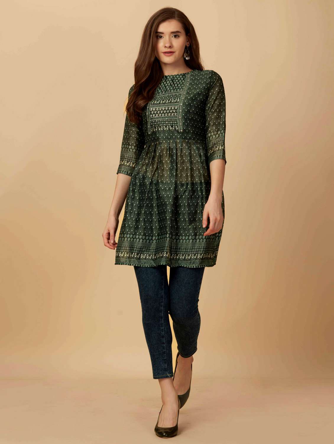 women bottle green round neck flared kurti - 20413522 - Zoom Image - 0