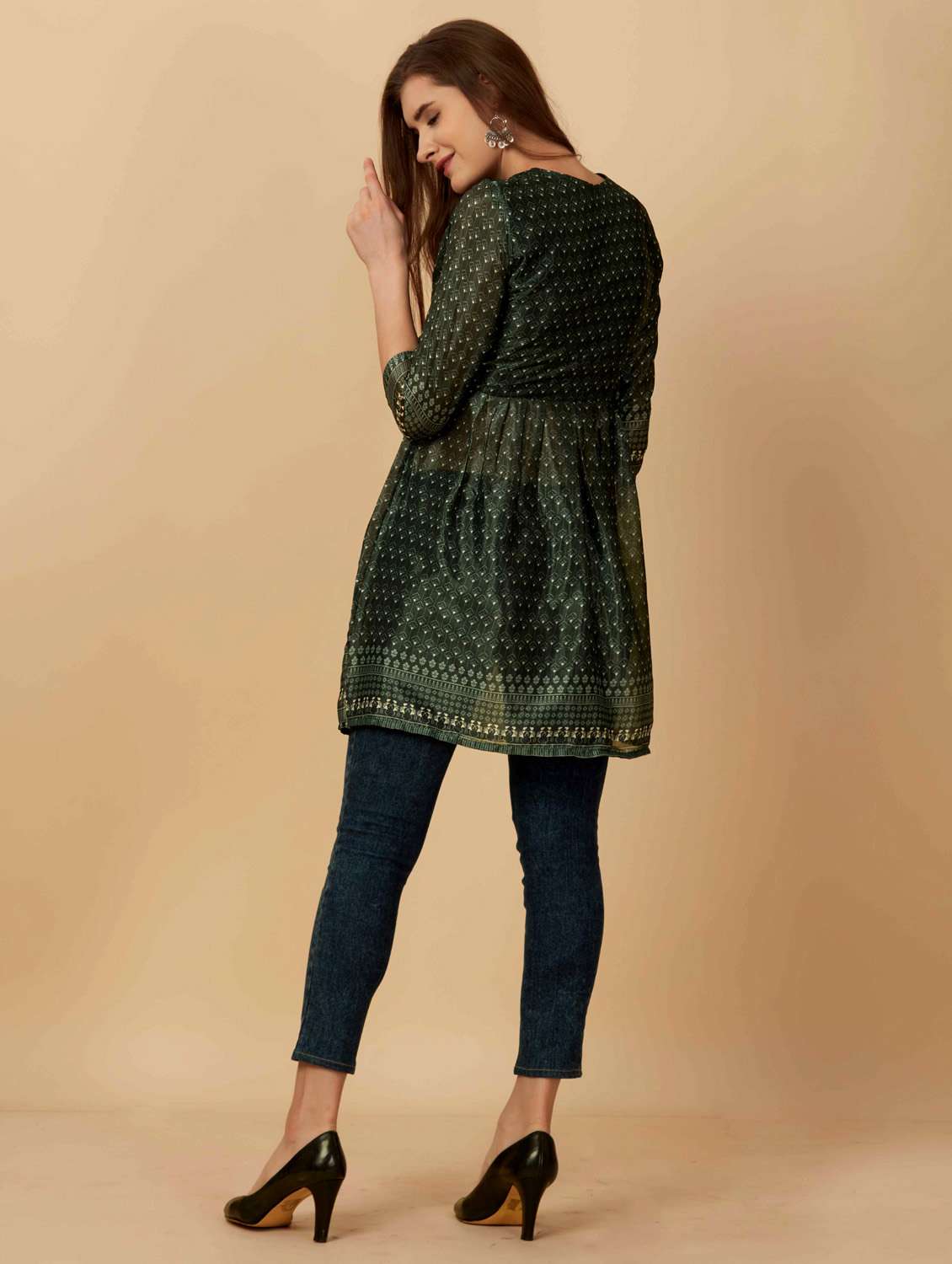 women bottle green round neck flared kurti - 20413522 - Standard Image - 3