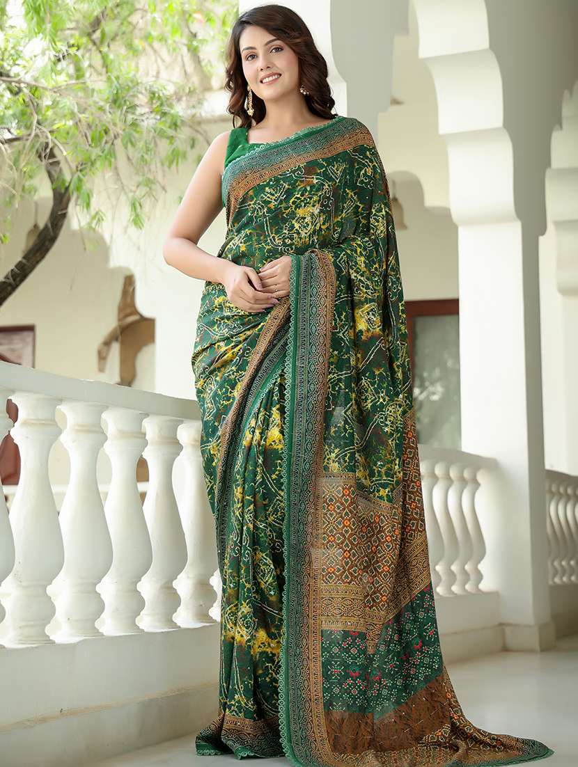 women's bandhani green colored saree