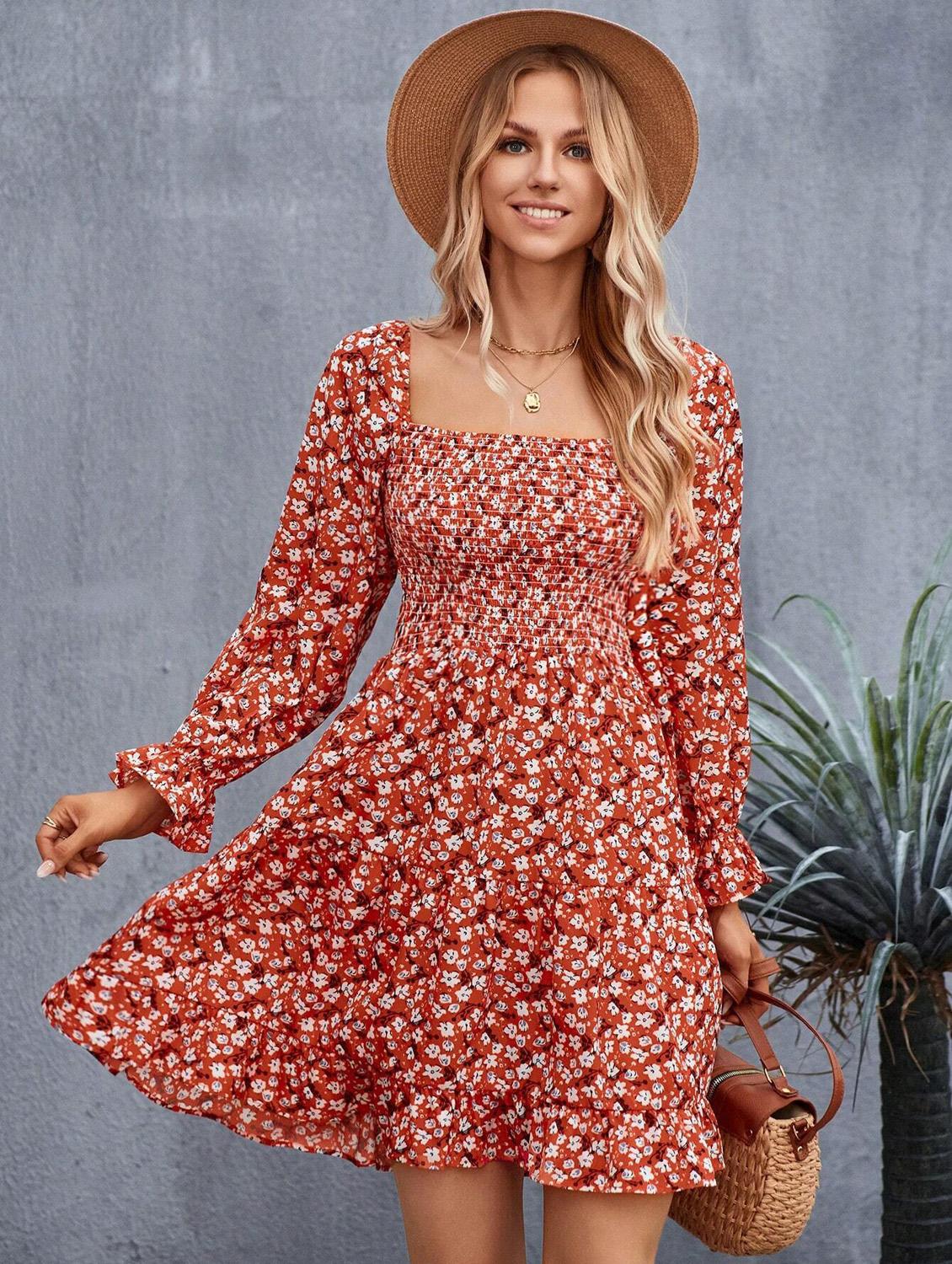 orange floral print square neck fit & flare dress - 20414281 - Zoom Image - 0