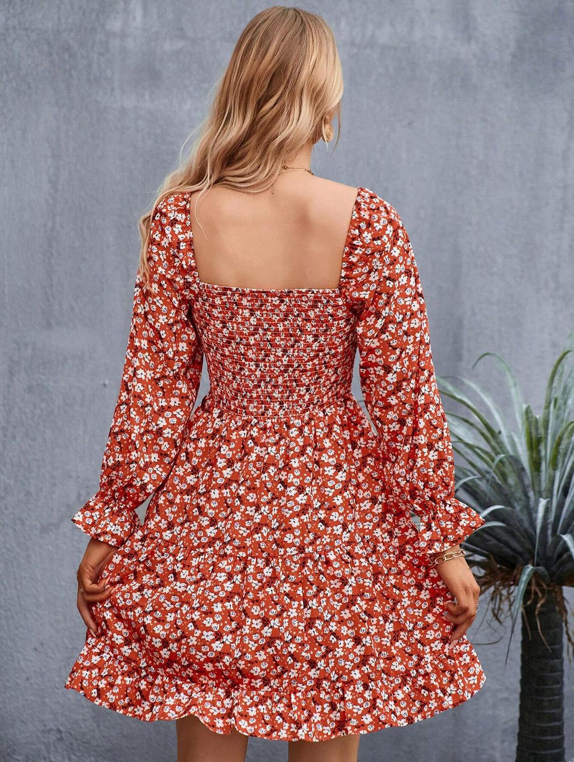 orange floral print square neck fit & flare dress - 20414281 - Standard Image - 3
