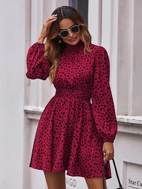 pink animal print puff sleeves fit & flare dress - 20414285 -  Standard Image - 0