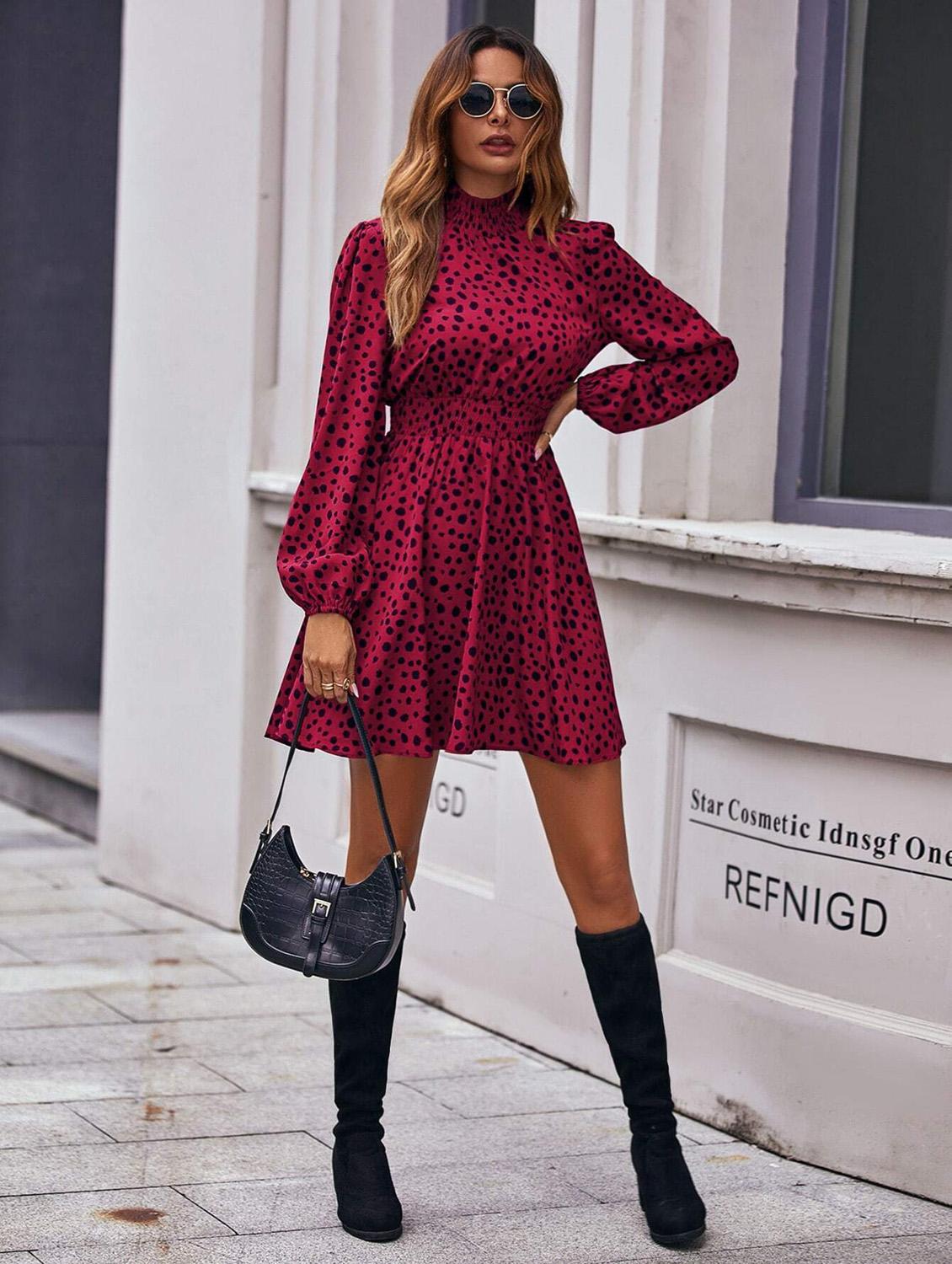pink animal print puff sleeves fit & flare dress - 20414285 - Standard Image - 3