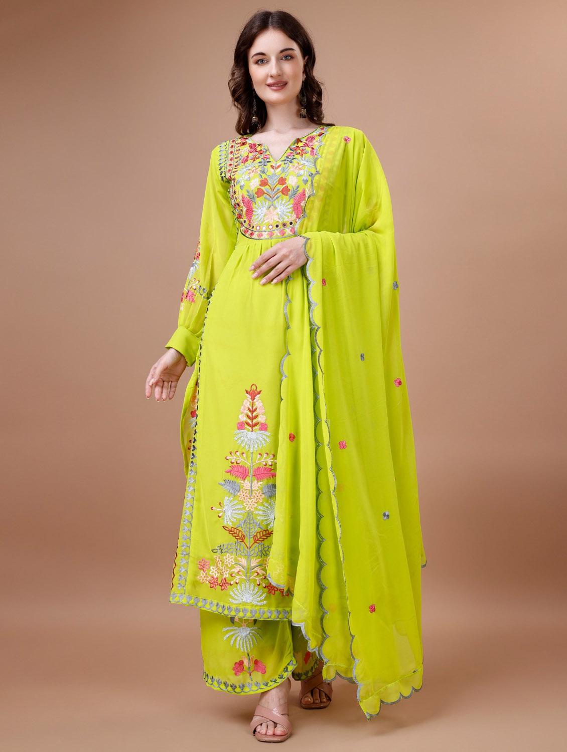 women lime bhishop sleeve kurta palazzo with dupatta set - 20415172 -  Zoom Image - 0